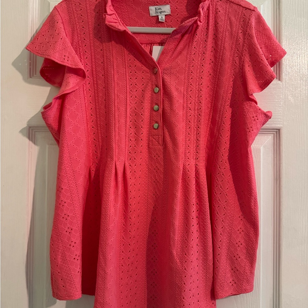 Kim Rogers Coral Eyelet Ruffle-Trim Button Front Top